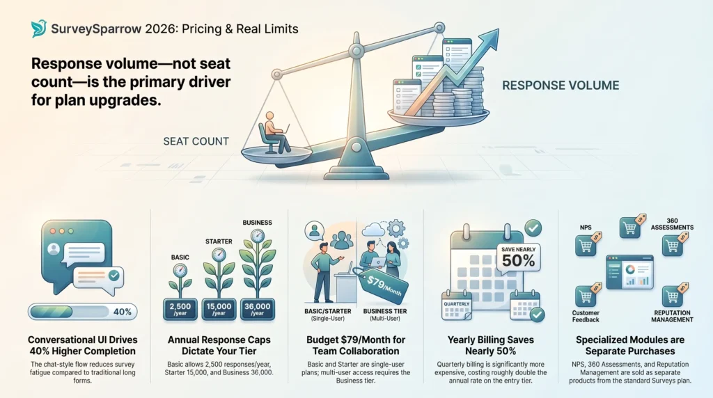 SurveySparrow 2026 pricing and real limits infographic illustrating how annual response volume outweighs seat count, comparing Basic, Starter, and Business response caps, annual billing savings, and add-on modules by SmartKeys.