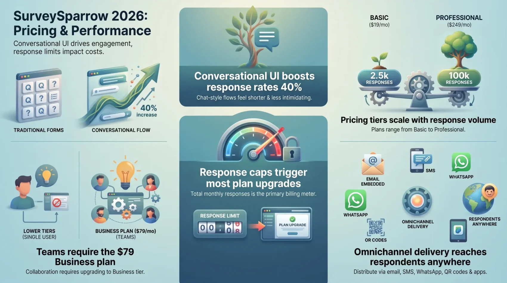 Infographic by SmartKeys analyzing SurveySparrow 2026 pricing and performance, highlighting conversational UI response rates, response limits, team tier costs, and omnichannel survey delivery.