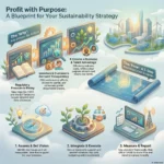 Sustainability Strategy: Aligning Profit with Purpose in Business SmartKeys Infographic: Profit with Purpose – A comprehensive blueprint for sustainability strategy. The graphic illustrates key drivers for action such as regulatory pressure (CSRD) and investor demand, alongside a 3-step implementation plan: Assess & Set Vision, Integrate & Execute, and Measure & Report using ESG frameworks.