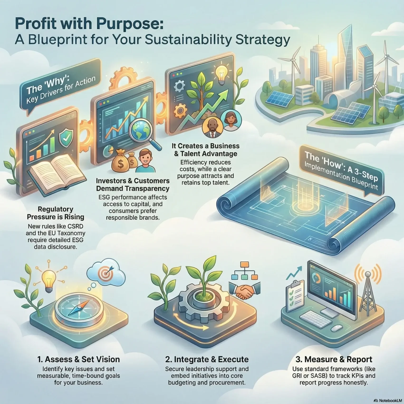 SmartKeys Infographic: Profit with Purpose – A comprehensive blueprint for sustainability strategy. The graphic illustrates key drivers for action such as regulatory pressure (CSRD) and investor demand, alongside a 3-step implementation plan: Assess & Set Vision, Integrate & Execute, and Measure & Report using ESG frameworks.