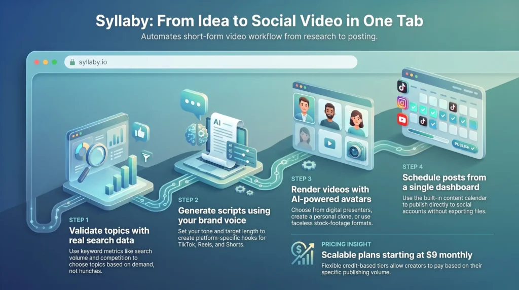Infographic showing the complete Syllaby workflow from search topic validation and AI script generation to avatar rendering and multi-platform social scheduling.