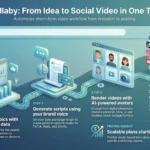 Syllaby Review: Content Ideas, Scripts, and Social Growth Infographic showing the complete Syllaby workflow from search topic validation and AI script generation to avatar rendering and multi-platform social scheduling.