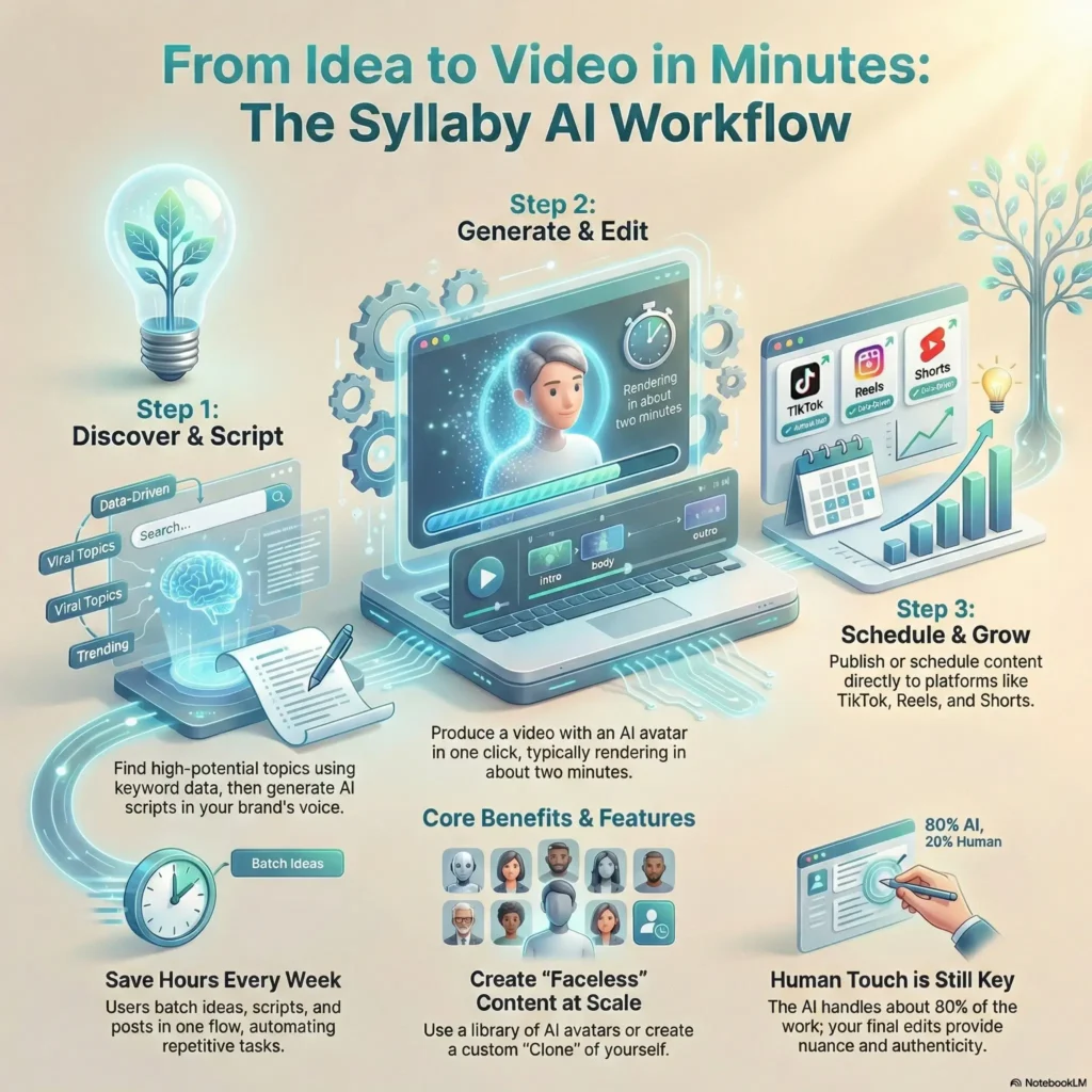 Infographic visualizing the Syllaby AI workflow from idea to video in minutes. Steps include Discover & Script using viral topics, Generate & Edit with AI avatars, and Schedule & Grow on TikTok, Reels, and Shorts. Highlights benefits like saving hours, creating faceless content at scale, and maintaining a human touch with 80% AI and 20% human input.