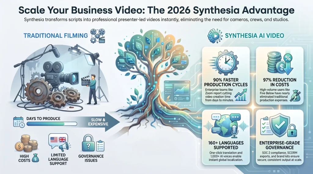 Comparison infographic illustrating Synthesia AI video advantages versus traditional filming, highlighting 90% faster production cycles and enterprise governance.
