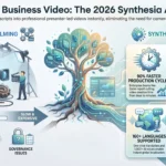 Comparison infographic illustrating Synthesia AI video advantages versus traditional filming, highlighting 90% faster production cycles and enterprise governance.