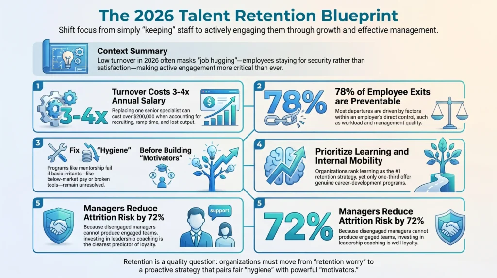 The 2026 Talent Retention Blueprint infographic outlining strategies to reduce employee turnover, address hygiene factors, and boost engagement through proactive management.