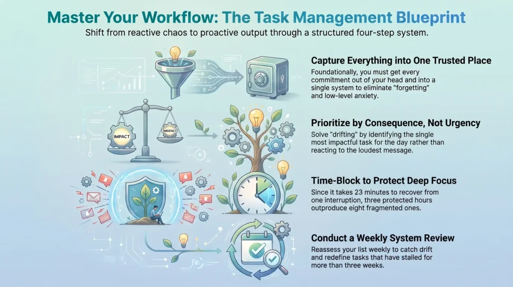 Four-step task management framework infographic explaining how to capture commitments, prioritize by impact, time-block for deep focus, and conduct weekly workflow reviews.
