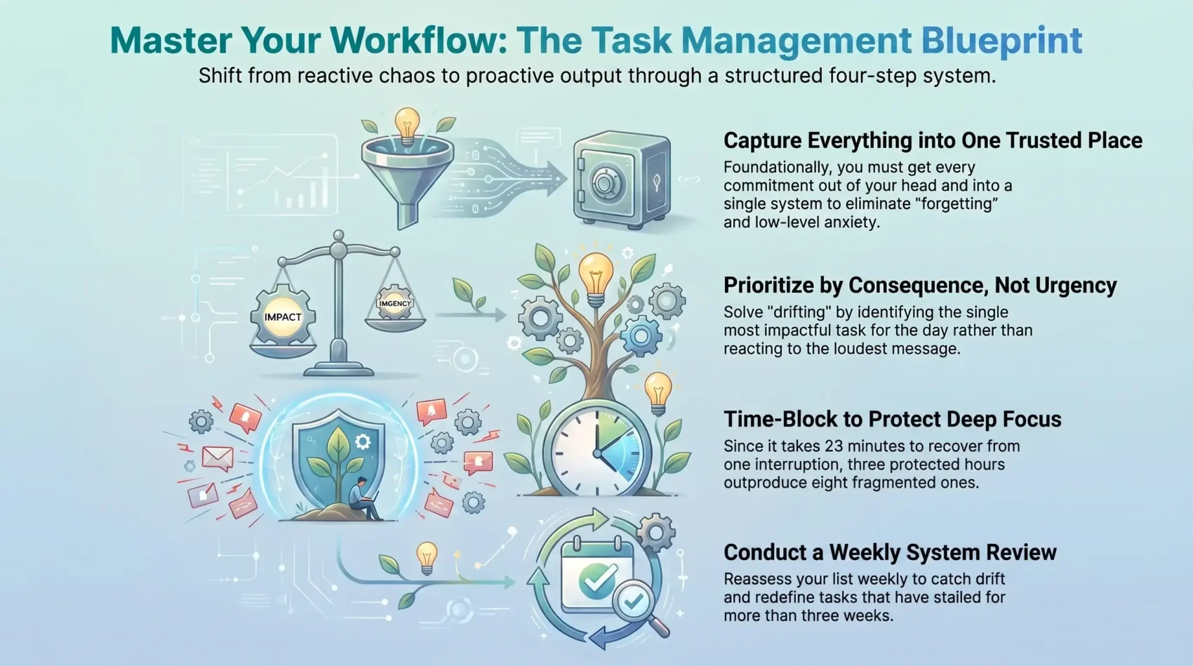 Four-step task management framework infographic explaining how to capture commitments, prioritize by impact, time-block for deep focus, and conduct weekly workflow reviews.