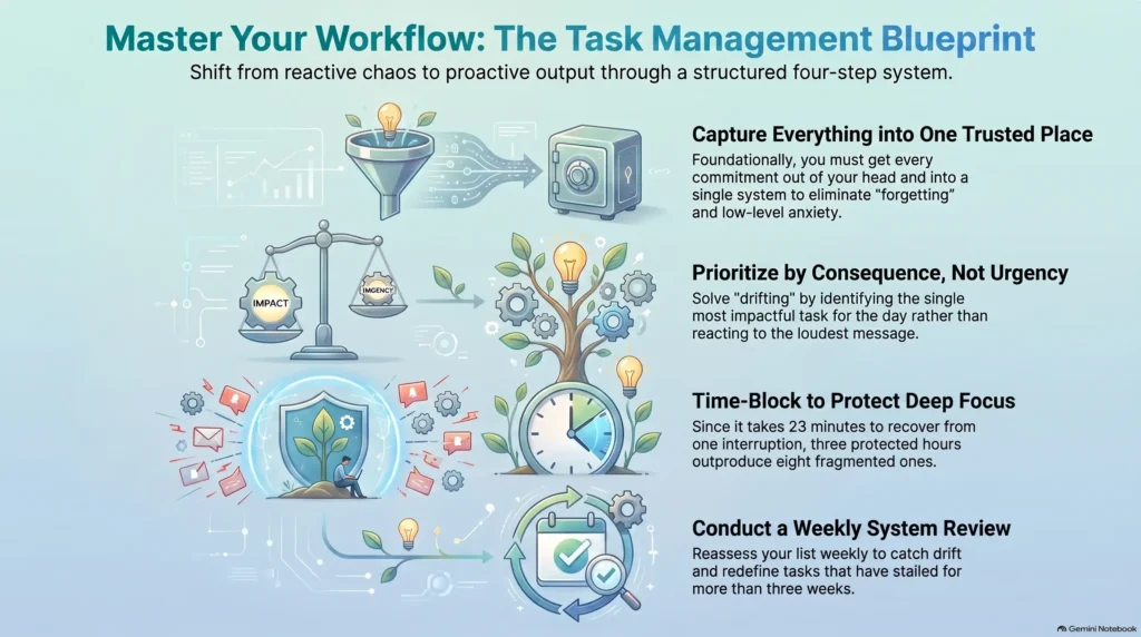Four-step task management framework infographic explaining how to capture commitments, prioritize by impact, time-block for deep focus, and conduct weekly workflow reviews.