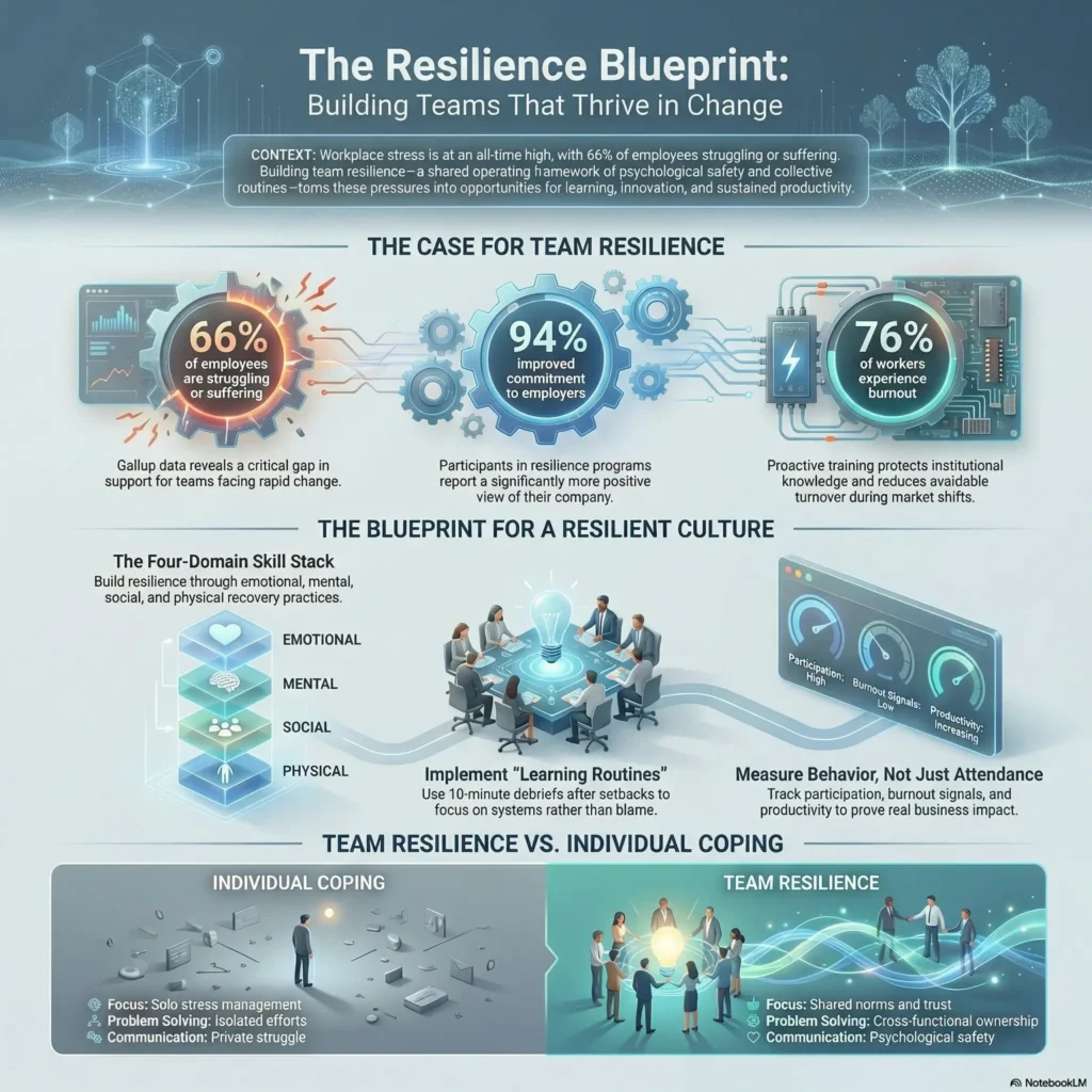 SmartKeys infographic presenting the Resilience Blueprint, detailing a four-domain skill stack to build team resilience and help employees thrive during change.