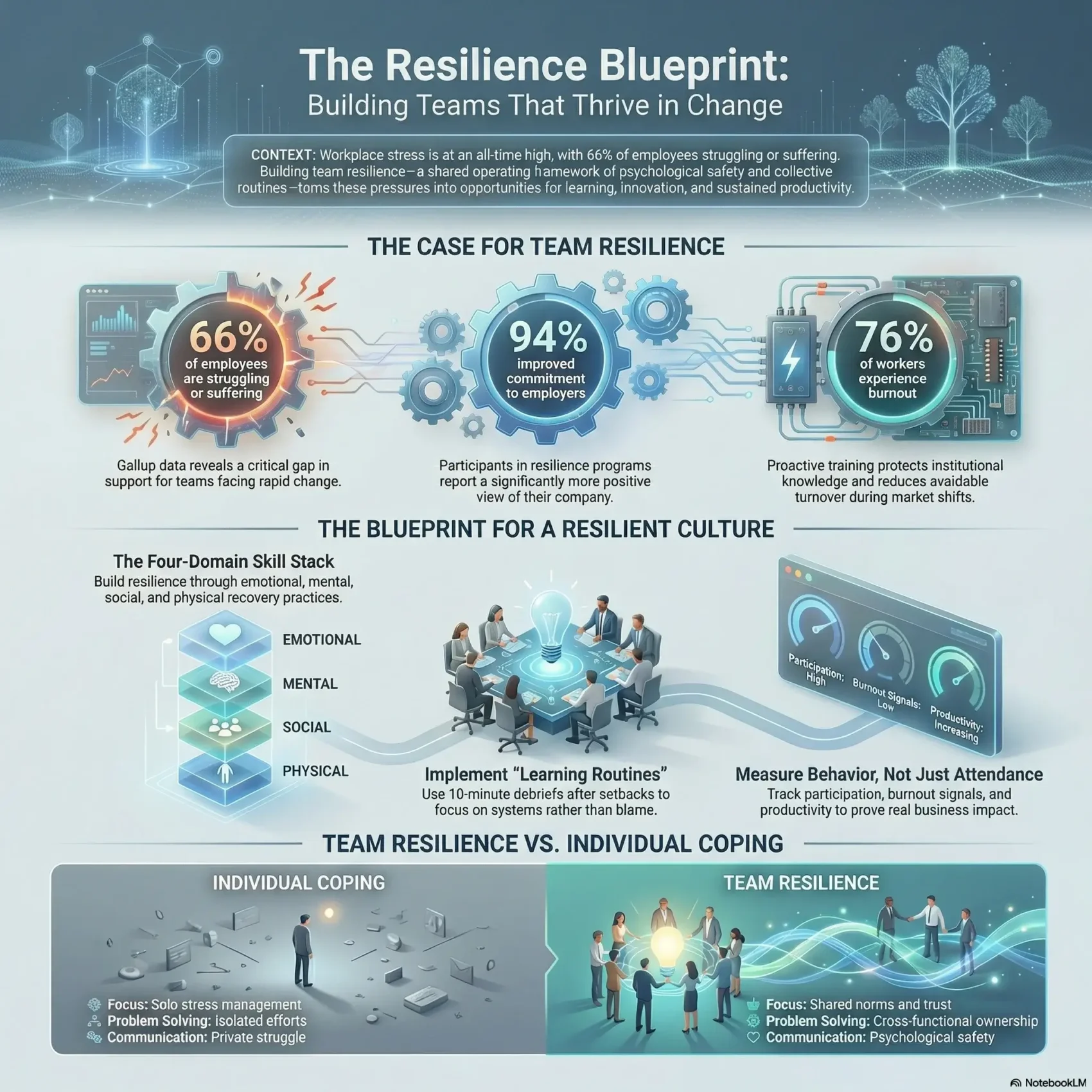 SmartKeys infographic presenting the Resilience Blueprint, detailing a four-domain skill stack to build team resilience and help employees thrive during change.