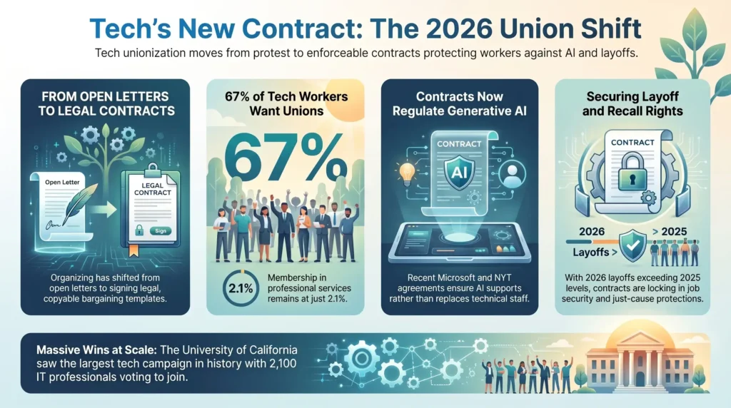 Infographic on the 2026 tech union shift toward signed bargaining contracts covering AI use and layoff protection