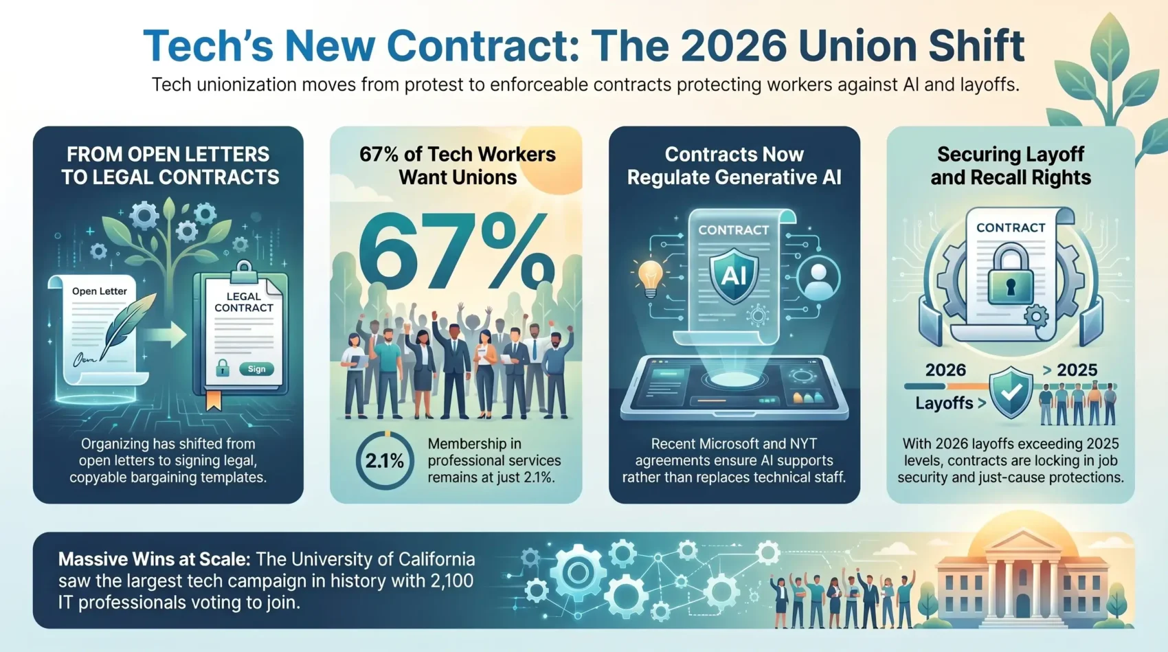 Infographic on the 2026 tech union shift toward signed bargaining contracts covering AI use and layoff protection