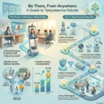 Telepresence Robots: Allowing Remote Employees a Physical Presence at Work SmartKeys infographic titled "Be There, From Anywhere: A Guide to Telepresence Robots." It illustrates the benefits of robotic telepresence for remote staff and provides a 4-step buying checklist including defining needs, comparing core features like camera quality and navigation, planning for IT security, and running pilot programs.