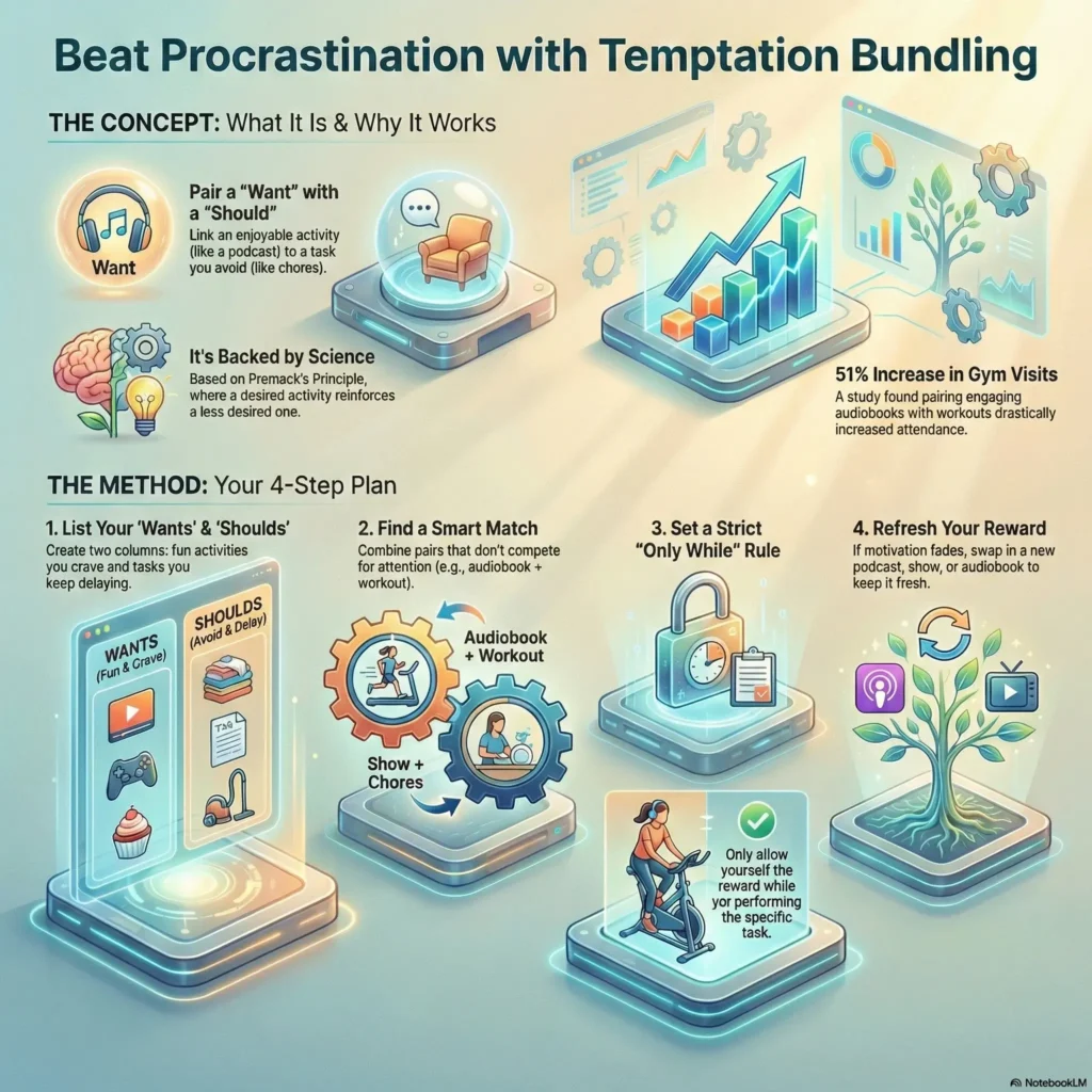 SmartKeys infographic explaining "Beat Procrastination with Temptation Bundling." The graphic visualizes a 4-step plan to pair a "want" (like a podcast) with a "should" (like chores) to increase productivity, supported by scientific principles.