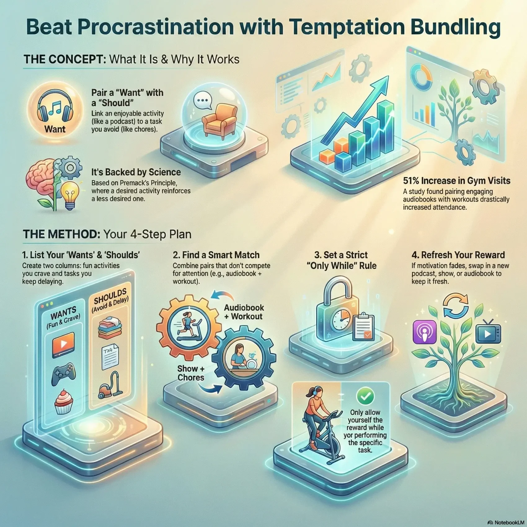 SmartKeys infographic explaining "Beat Procrastination with Temptation Bundling." The graphic visualizes a 4-step plan to pair a "want" (like a podcast) with a "should" (like chores) to increase productivity, supported by scientific principles.