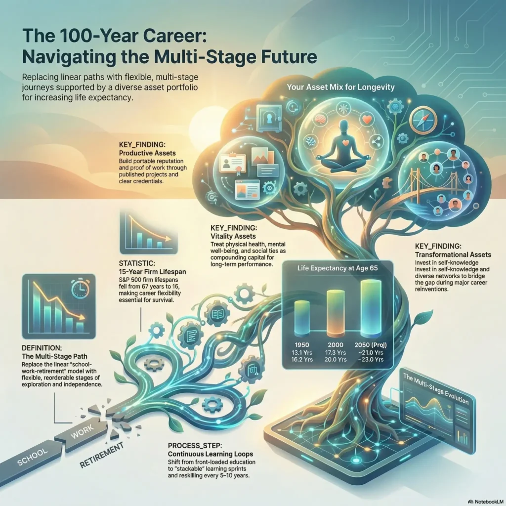 SmartKeys infographic on the 100-Year Career, showing how to navigate a multi-stage work future by building productive, vitality, and transformational assets.