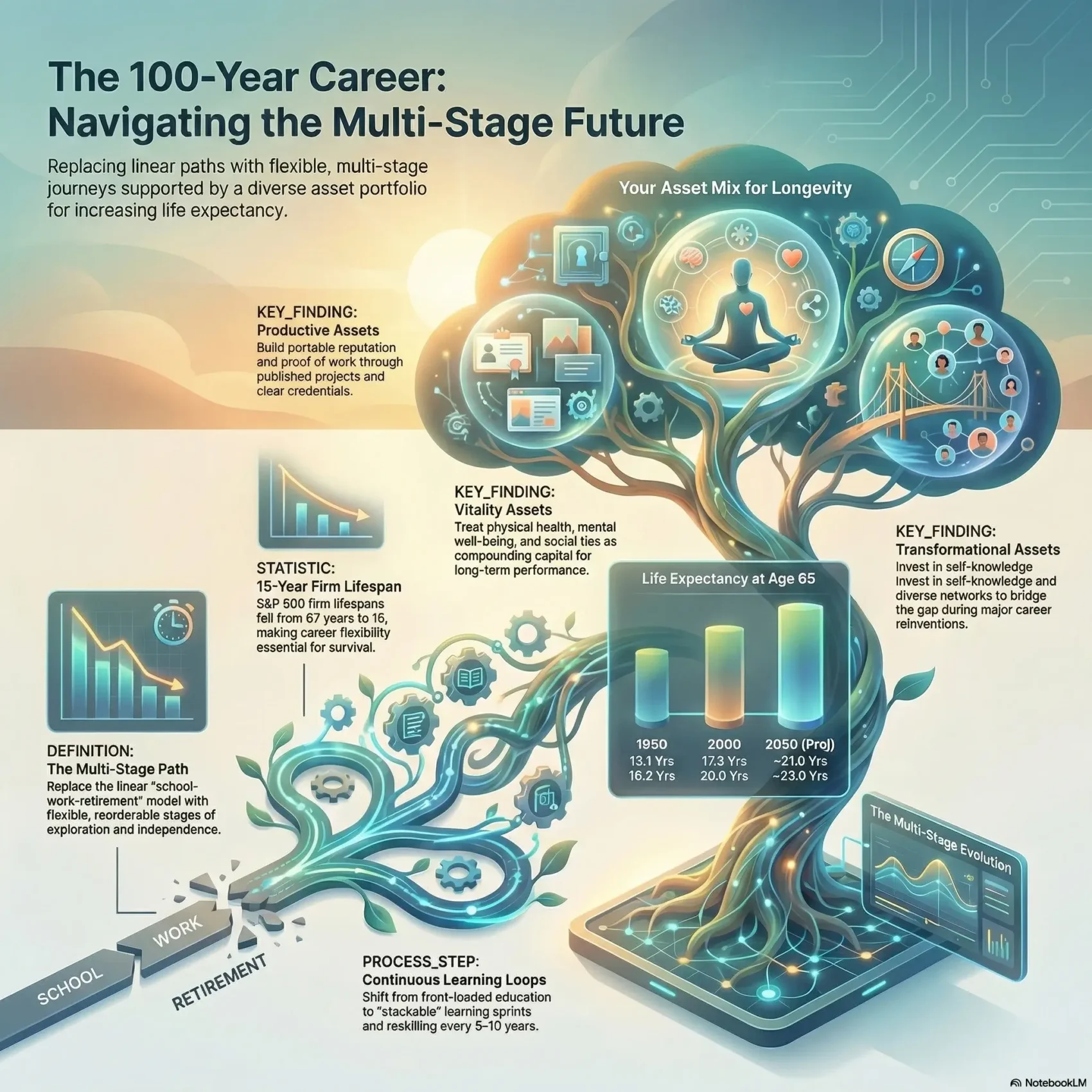 SmartKeys infographic on the 100-Year Career, showing how to navigate a multi-stage work future by building productive, vitality, and transformational assets.