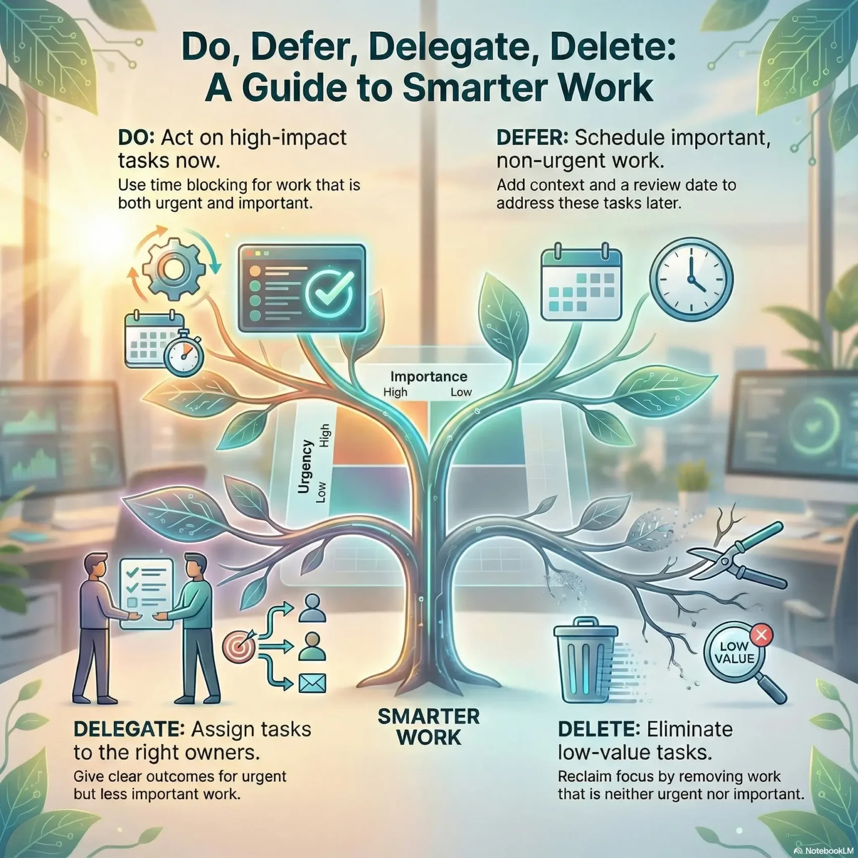 SmartKeys infographic illustrating the 4 D’s of time management framework—Do, Defer, Delegate, and Delete—as a guide to smarter work and task prioritization.