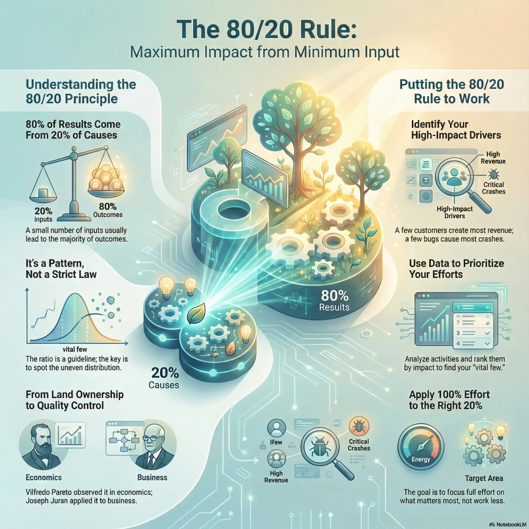 SmartKeys infographic explaining The 80/20 Rule (Pareto Principle) for maximum impact from minimum input. It visually demonstrates how 80% of results come from 20% of causes and provides a guide on identifying high-impact drivers to prioritize efforts and boost business productivity.