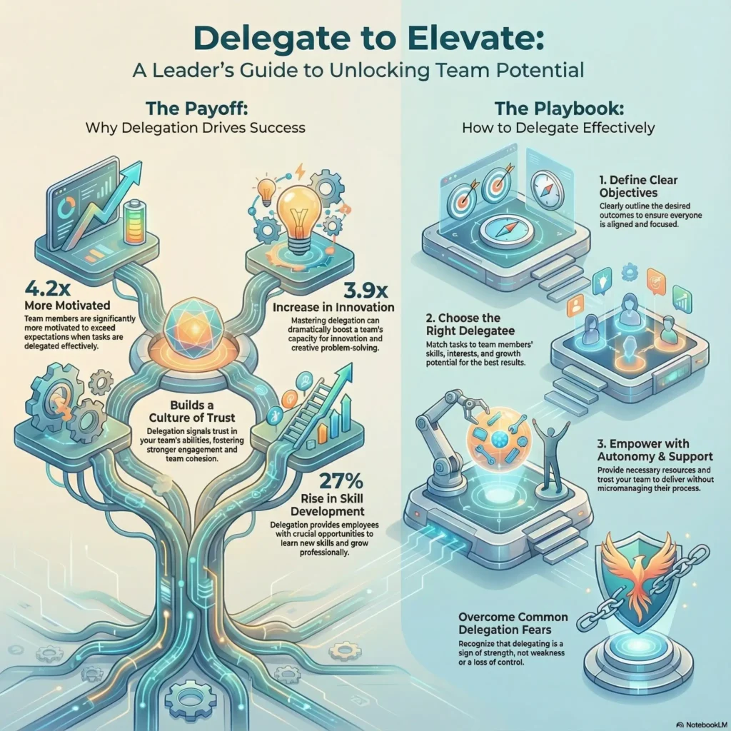 SmartKeys Infographic "Delegate to Elevate: A Leader's Guide to Unlocking Team Potential." It illustrates the payoff of delegation, such as a 4.2x increase in motivation and 3.9x rise in innovation, alongside a 3-step playbook for defining objectives and empowering teams.