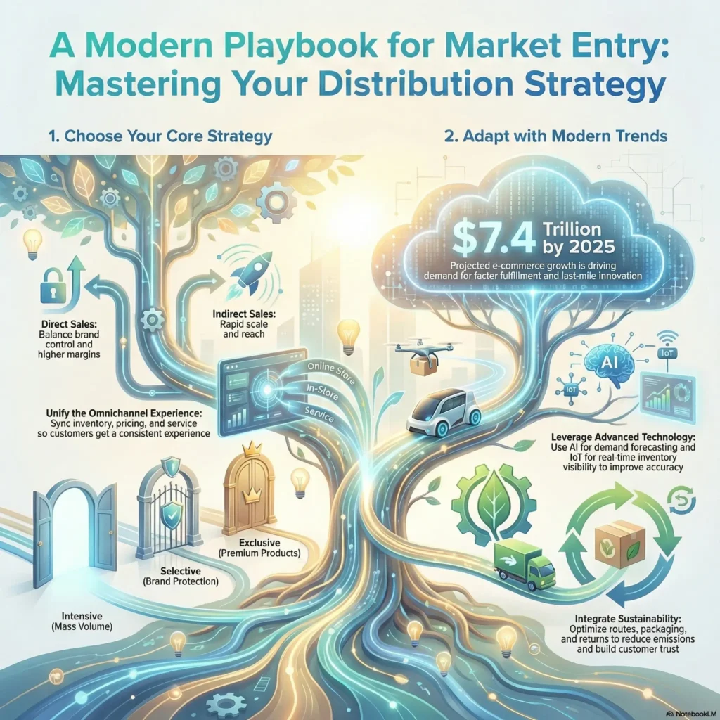 SmartKeys infographic: A Modern Playbook for Market Entry and Distribution Strategy. Visualizes core strategies (Intensive, Selective, Exclusive) and modern trends like unifying the omnichannel experience, leveraging AI and IoT for inventory, and integrating sustainability into the supply chain.
