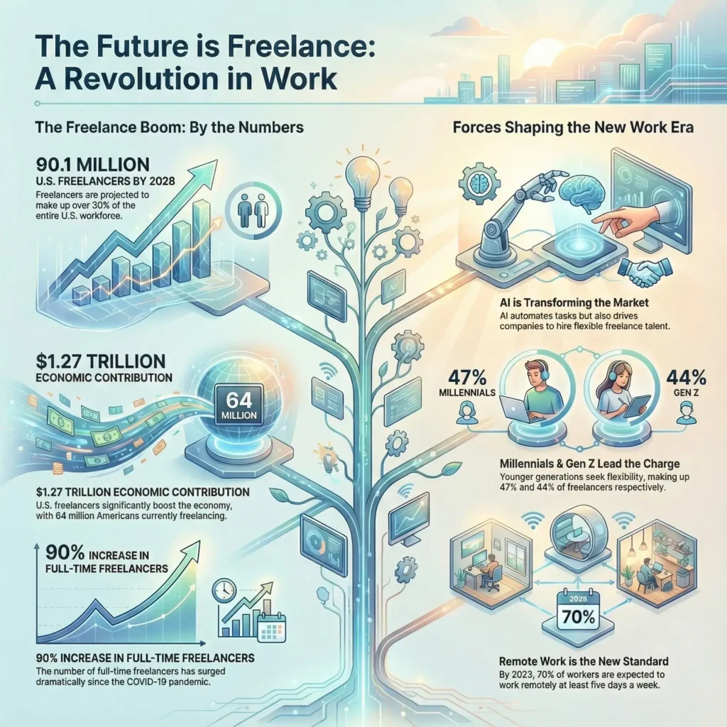 SmartKeys Infographic "The Future is Freelance: A Revolution in Work." It highlights trends in the gig economy, noting 90.1 million projected U.S. freelancers by 2028, a $1.27 trillion economic contribution, and the impact of AI and Gen Z on the remote workforce.