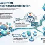 Infographic detailing gig economy trends in 2030 highlighting the shift to high-value AI specialization, premium freelance rates, talent demand, and portable benefits for independent workers.