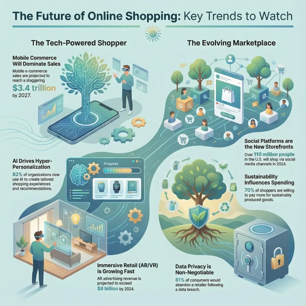 Future of online shopping infographic: mobile commerce growth, social storefronts and sustainability as buying drivers.