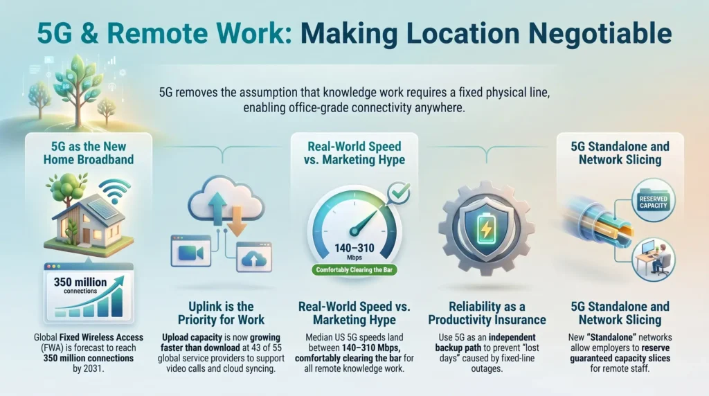 Infographic showing the impact of 5G on remote work in 2026, highlighting fixed wireless access growth, upload speeds, network reliability, and standalone network slicing.