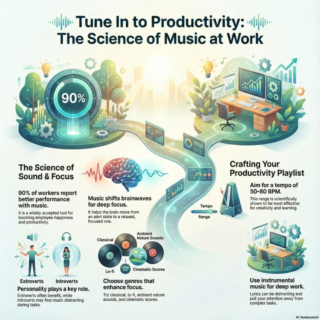 SmartKeys Infographic "Tune In to Productivity: The Science of Music at Work." The visual explains how music shifts brainwaves for deep focus, recommending a tempo of 50-80 BPM and genres like classical or lo-fi, with 90% of workers reporting better performance.