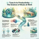 SmartKeys Infographic "Tune In to Productivity: The Science of Music at Work." The visual explains how music shifts brainwaves for deep focus, recommending a tempo of 50-80 BPM and genres like classical or lo-fi, with 90% of workers reporting better performance.