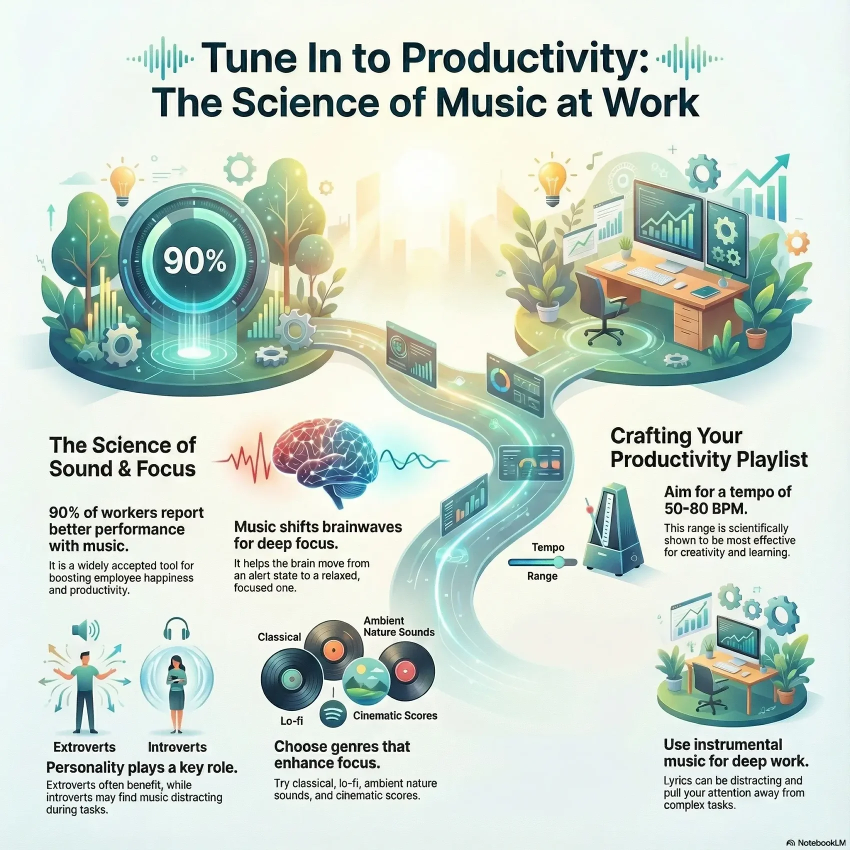 SmartKeys Infographic "Tune In to Productivity: The Science of Music at Work." The visual explains how music shifts brainwaves for deep focus, recommending a tempo of 50-80 BPM and genres like classical or lo-fi, with 90% of workers reporting better performance.
