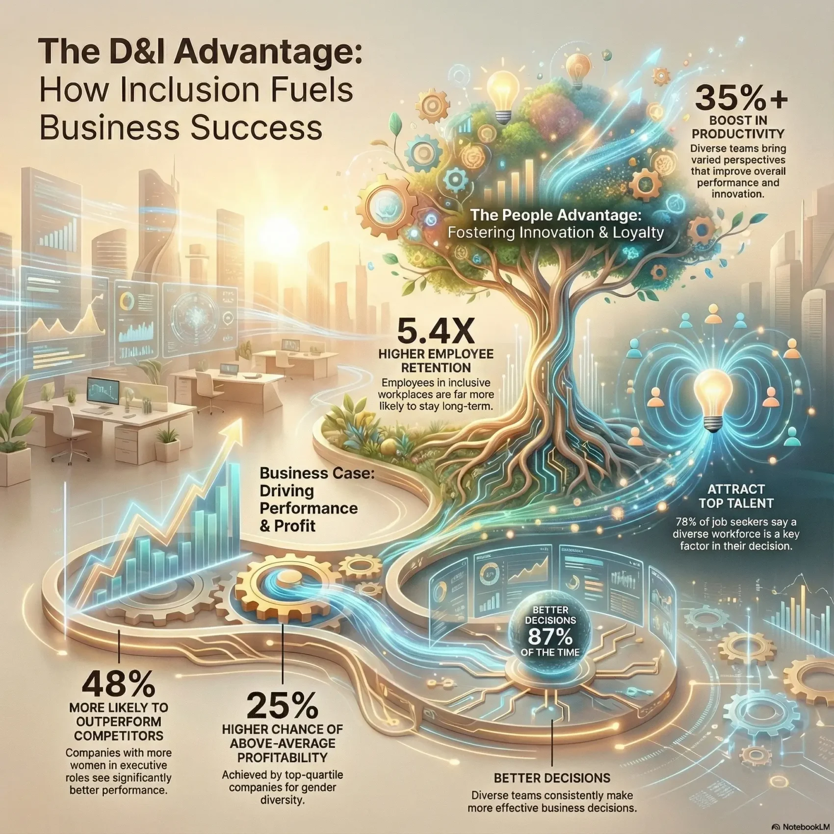 SmartKeys Infographic titled "The D&I Advantage: How Inclusion Fuels Business Success." The graphic visualizes key statistics on diversity, including a 35% boost in productivity, 5.4x higher employee retention, and 87% better decision-making rates for inclusive teams.