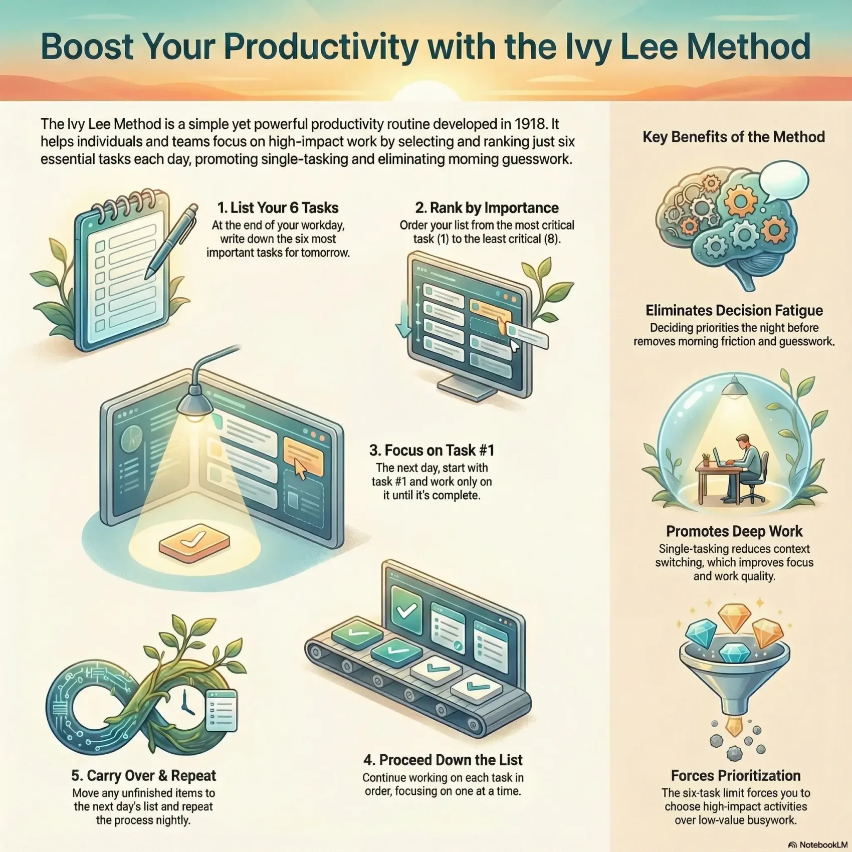 Infographic explaining the Ivy Lee Method by SmartKeys, a 5-step productivity routine for prioritizing six essential tasks daily to eliminate decision fatigue and promote deep work.