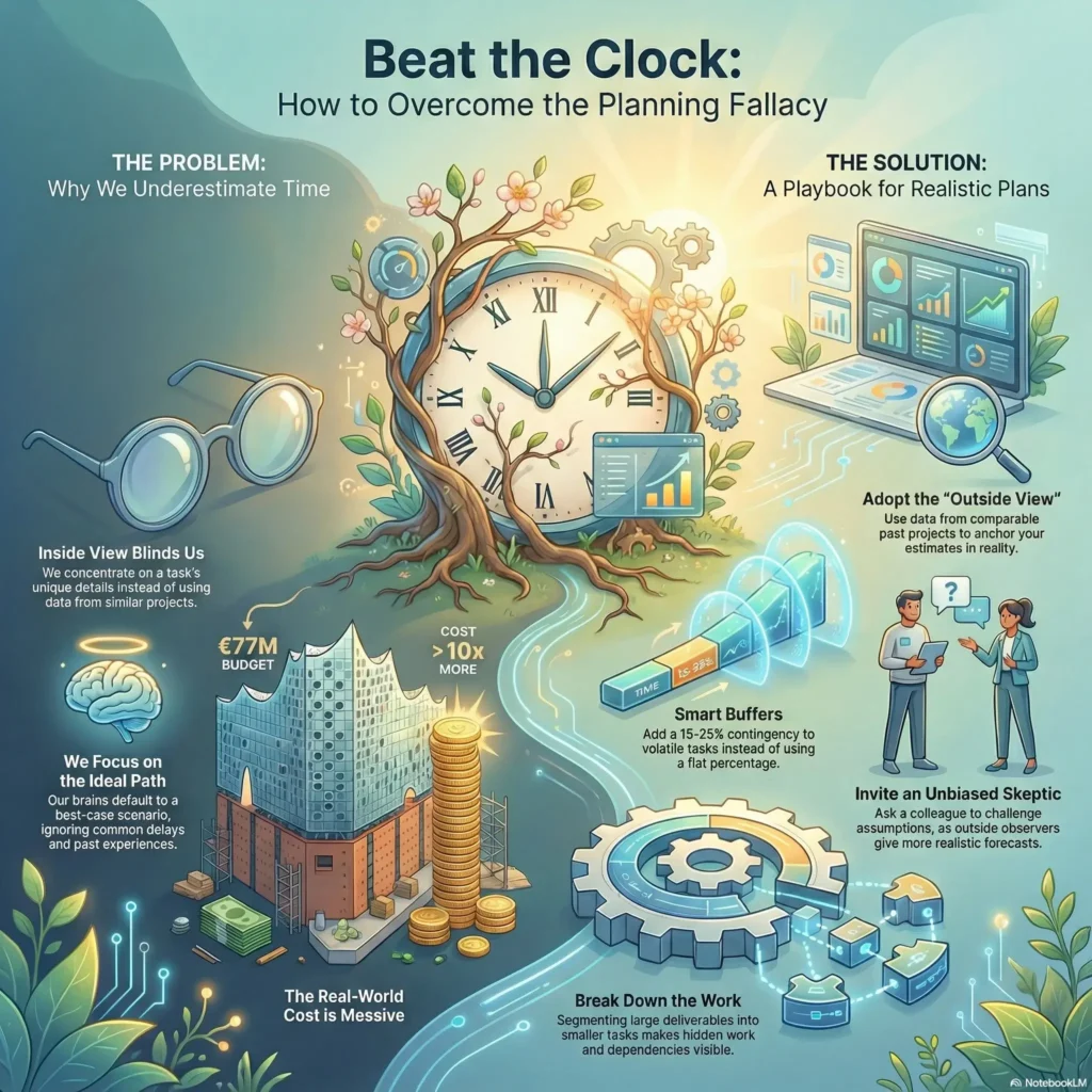 Infographic titled Beat the Clock explaining how to overcome the planning fallacy. It contrasts the "Inside View" problem with a solution playbook that includes adopting an "Outside View" based on data, using smart buffers, and breaking down work.