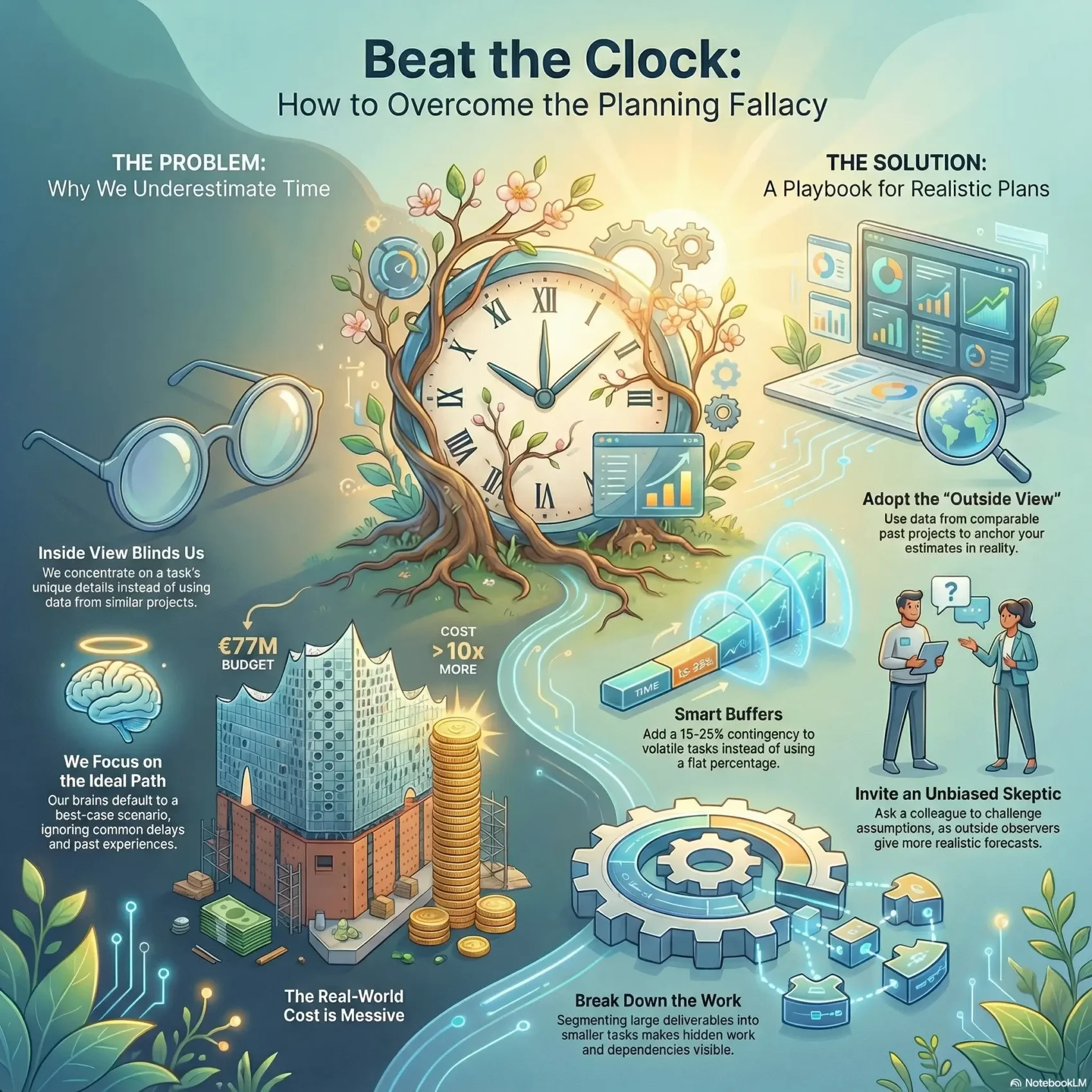 Infographic titled Beat the Clock explaining how to overcome the planning fallacy. It contrasts the "Inside View" problem with a solution playbook that includes adopting an "Outside View" based on data, using smart buffers, and breaking down work.