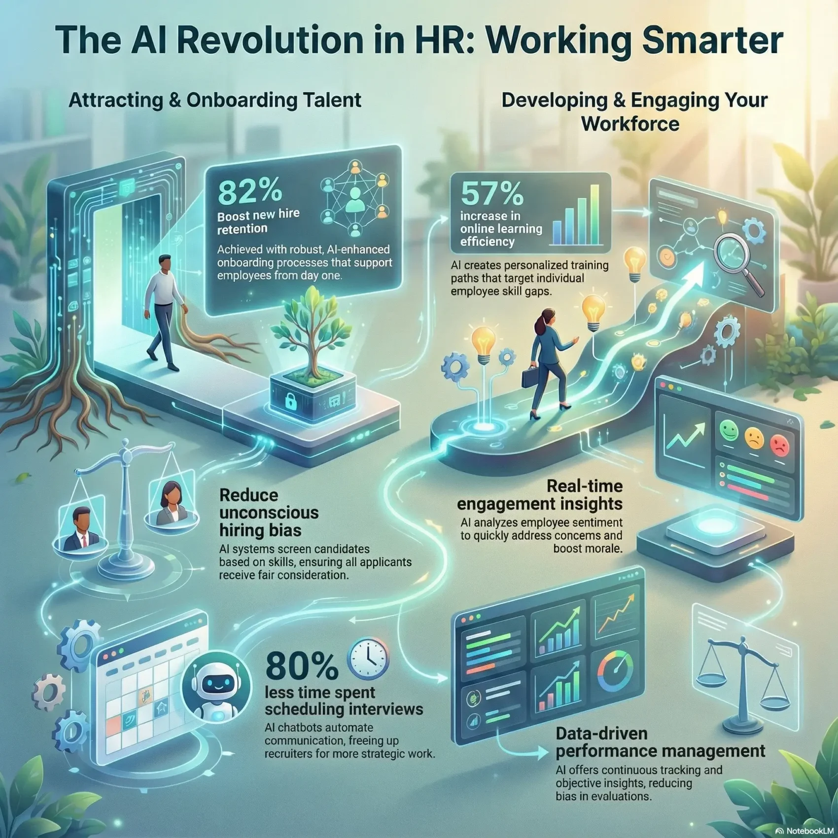 SmartKeys Infographic "The AI Revolution in HR: Working Smarter." It outlines how AI optimizes talent acquisition and workforce engagement, highlighting an 82% boost in new hire retention, reduced hiring bias, and customized learning paths for employees.