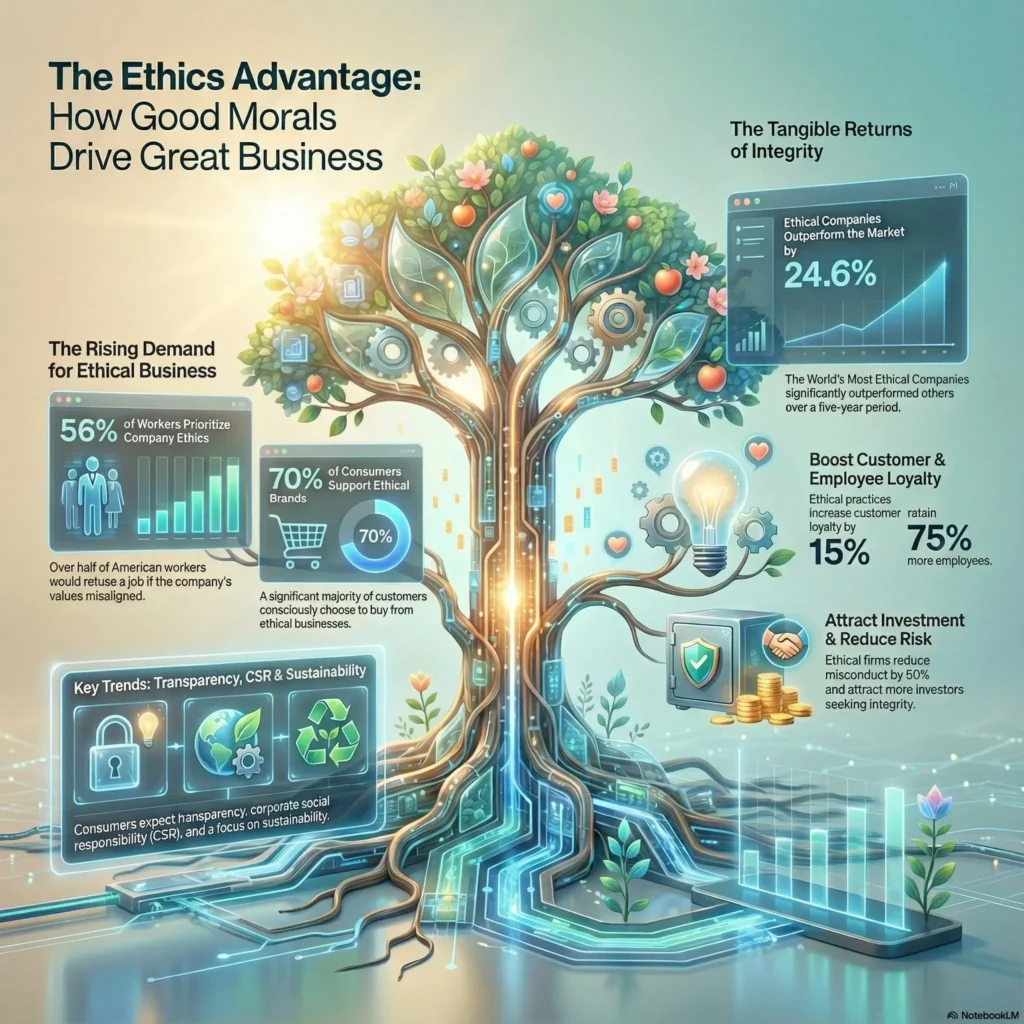 SmartKeys Infographic "The Ethics Advantage: How Good Morals Drive Great Business." It details the tangible returns of integrity, showing ethical companies outperform the market by 24.6% and boost employee retention by 75% through transparency and CSR.