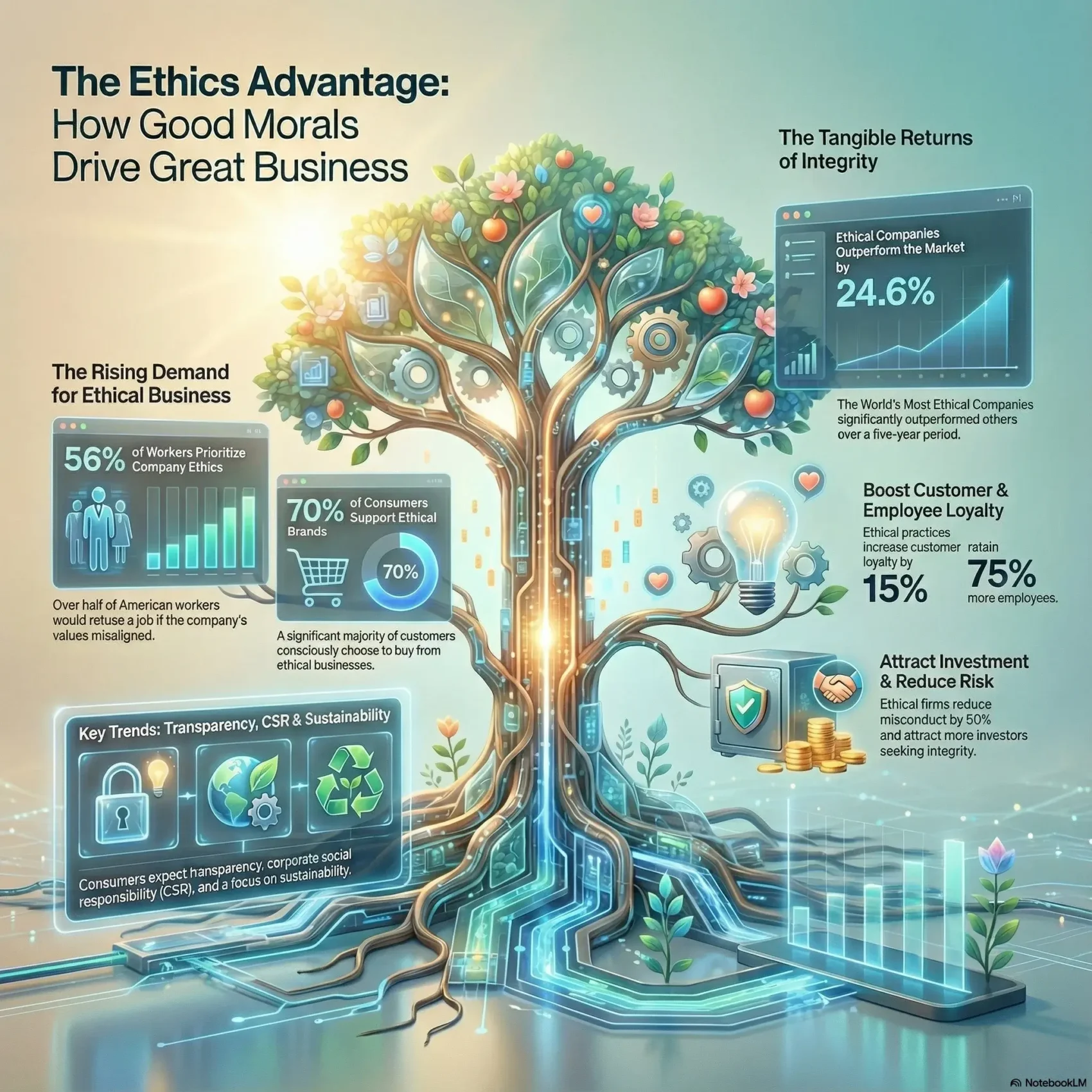 SmartKeys Infographic "The Ethics Advantage: How Good Morals Drive Great Business." It details the tangible returns of integrity, showing ethical companies outperform the market by 24.6% and boost employee retention by 75% through transparency and CSR.