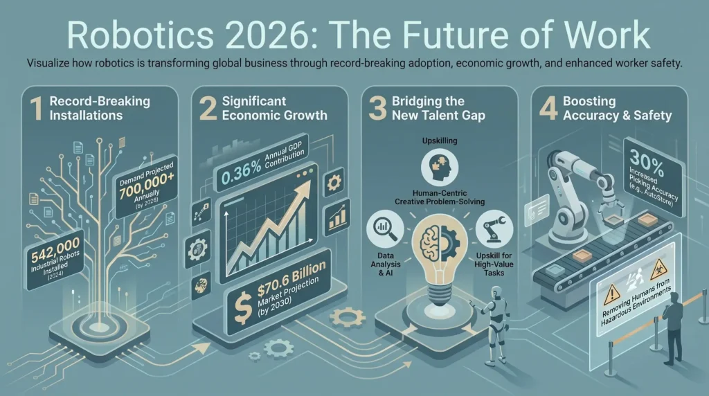 Infographic analyzing workplace robotics trends for 2026, featuring industrial robot adoption statistics, economic market projections, talent upskilling, and warehouse picking accuracy gains.