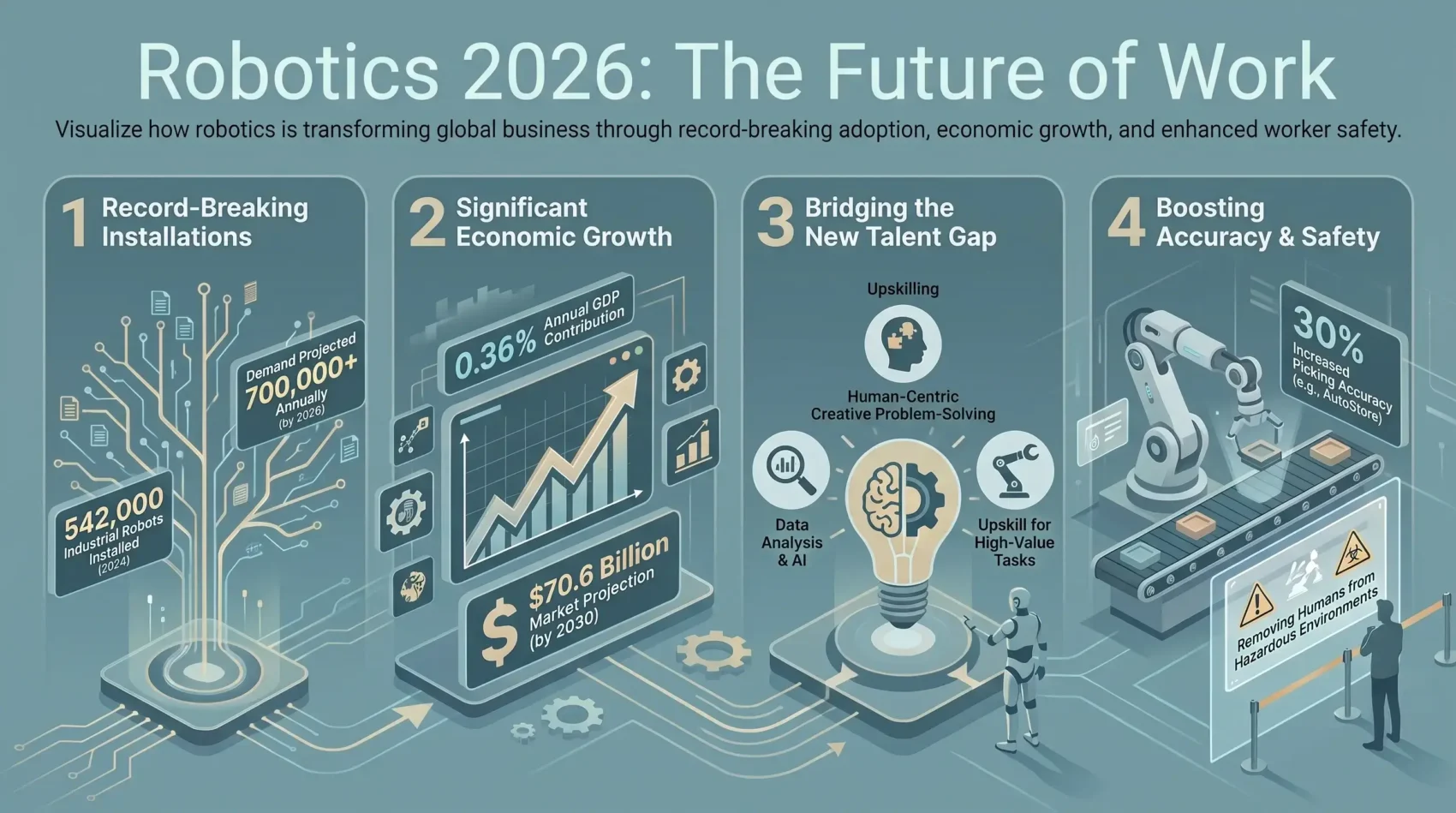 Infographic analyzing workplace robotics trends for 2026, featuring industrial robot adoption statistics, economic market projections, talent upskilling, and warehouse picking accuracy gains.
