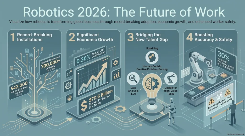 Infographic analyzing workplace robotics trends for 2026, featuring industrial robot adoption statistics, economic market projections, talent upskilling, and warehouse picking accuracy gains.
