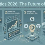 The Role of Robotics in Future Workplaces Infographic analyzing workplace robotics trends for 2026, featuring industrial robot adoption statistics, economic market projections, talent upskilling, and warehouse picking accuracy gains.