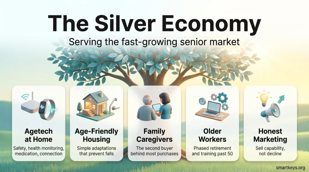 Infographic of the silver economy as a growing tree with five opportunities: agetech at home, age-friendly housing, family caregivers, older workers and honest marketing.