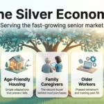 The Silver Economy in 2026: Serving the Fast-Growing Senior Market Infographic of the silver economy as a growing tree with five opportunities: agetech at home, age-friendly housing, family caregivers, older workers and honest marketing.