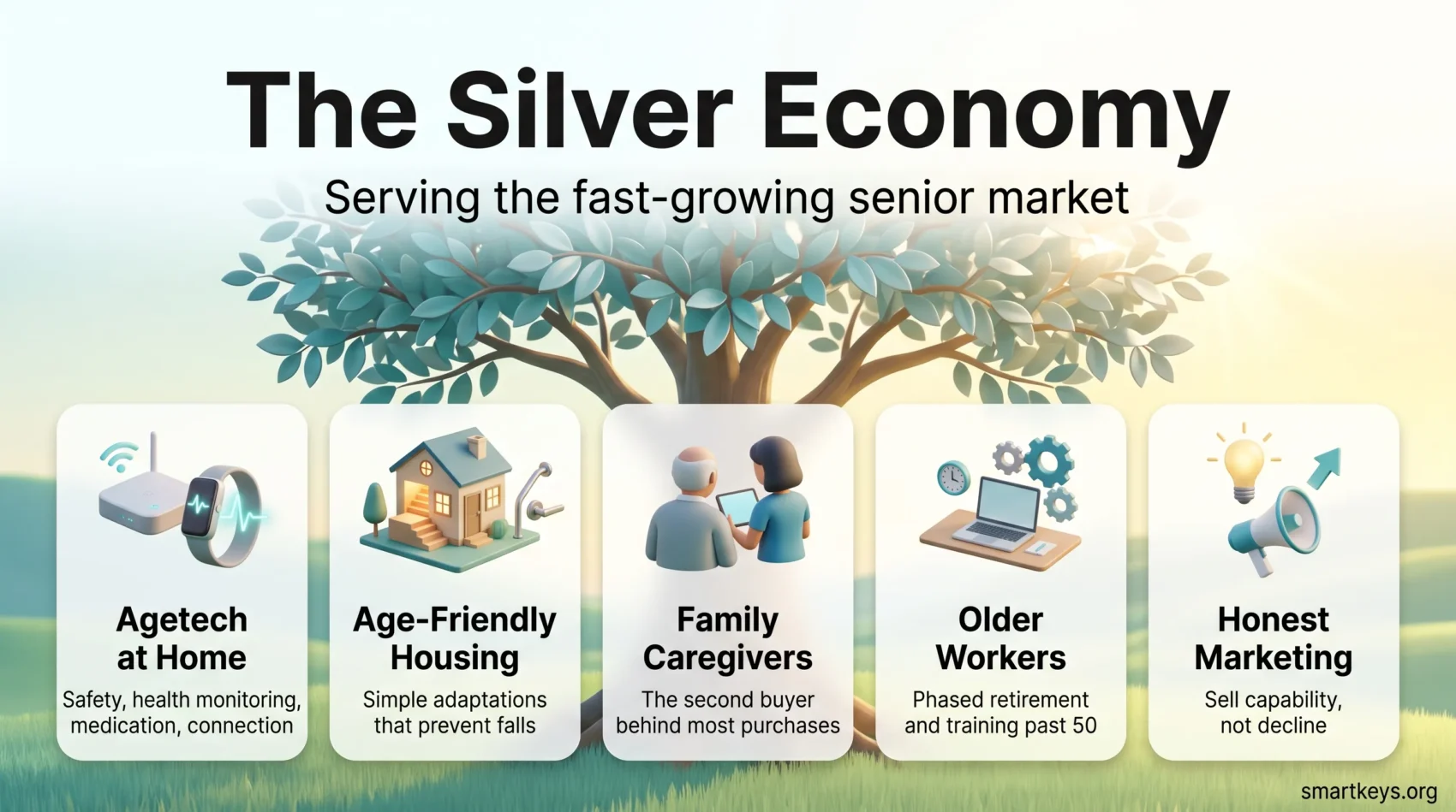 Infographic of the silver economy as a growing tree with five opportunities: agetech at home, age-friendly housing, family caregivers, older workers and honest marketing.