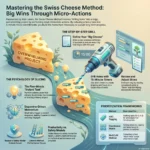 The Swiss Cheese Method: Tackle Big Tasks with Quick, Small Actions SmartKeys infographic explaining the Swiss Cheese Method for productivity, demonstrating how to tackle overwhelming projects through 15-minute micro-actions, dopamine-driven momentum, and proven prioritization frameworks.