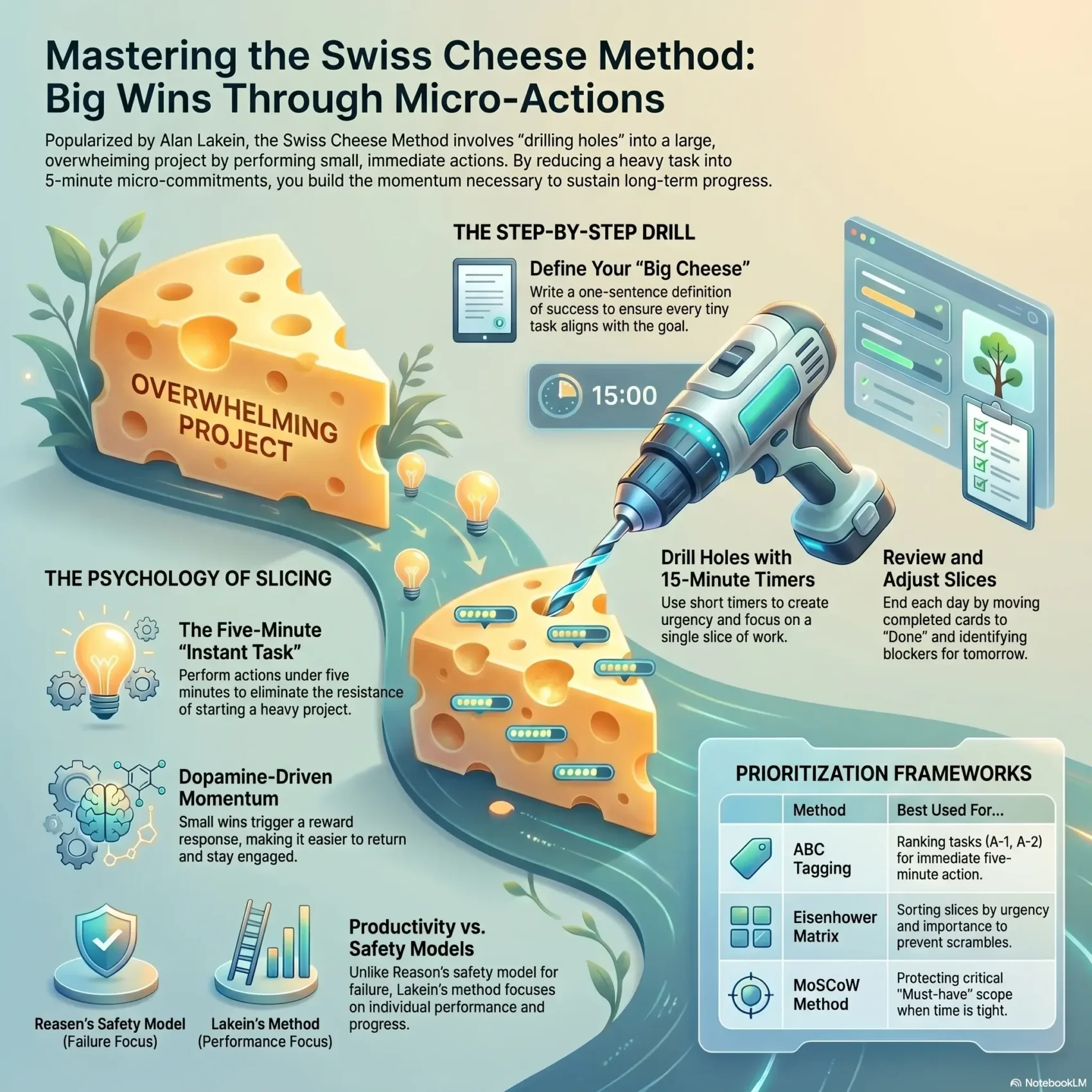 SmartKeys infographic explaining the Swiss Cheese Method for productivity, demonstrating how to tackle overwhelming projects through 15-minute micro-actions, dopamine-driven momentum, and proven prioritization frameworks.