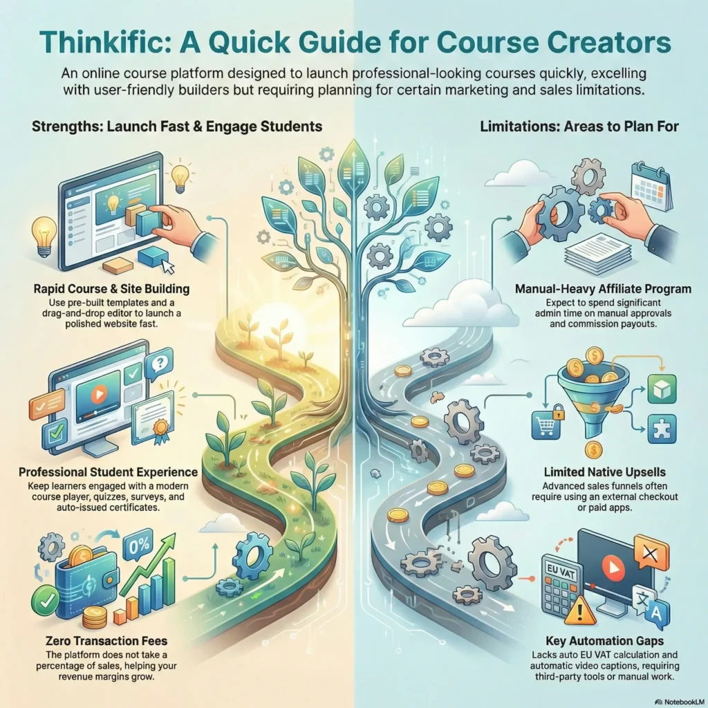 SmartKeys infographic titled "Thinkific: A Quick Guide for Course Creators," visually comparing the platform's strengths and limitations. The graphic details pros such as rapid course building, professional student experiences, and zero transaction fees, contrasted with cons like manual affiliate management, limited native upsells, and automation gaps regarding EU VAT.